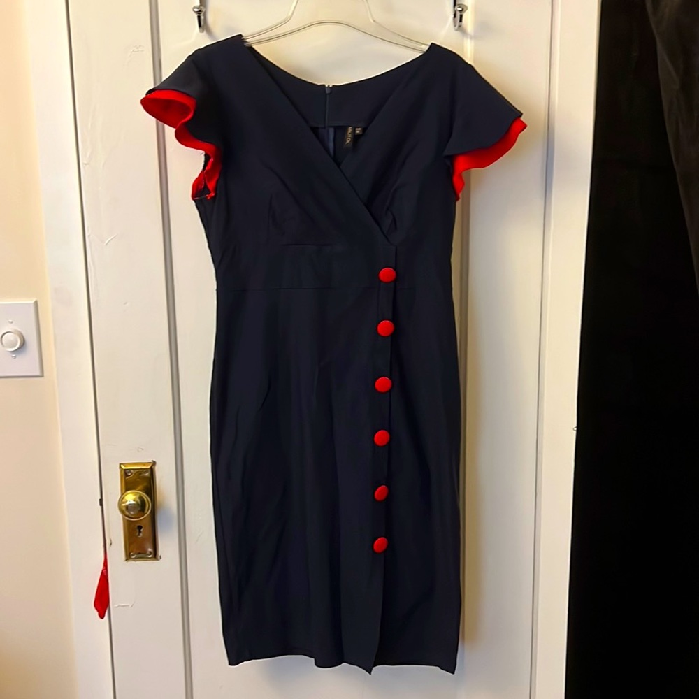 Miusol Knee-length Dress Navy Blue & Red Pin Up Style Ruffle Sleeve Pencil Dress